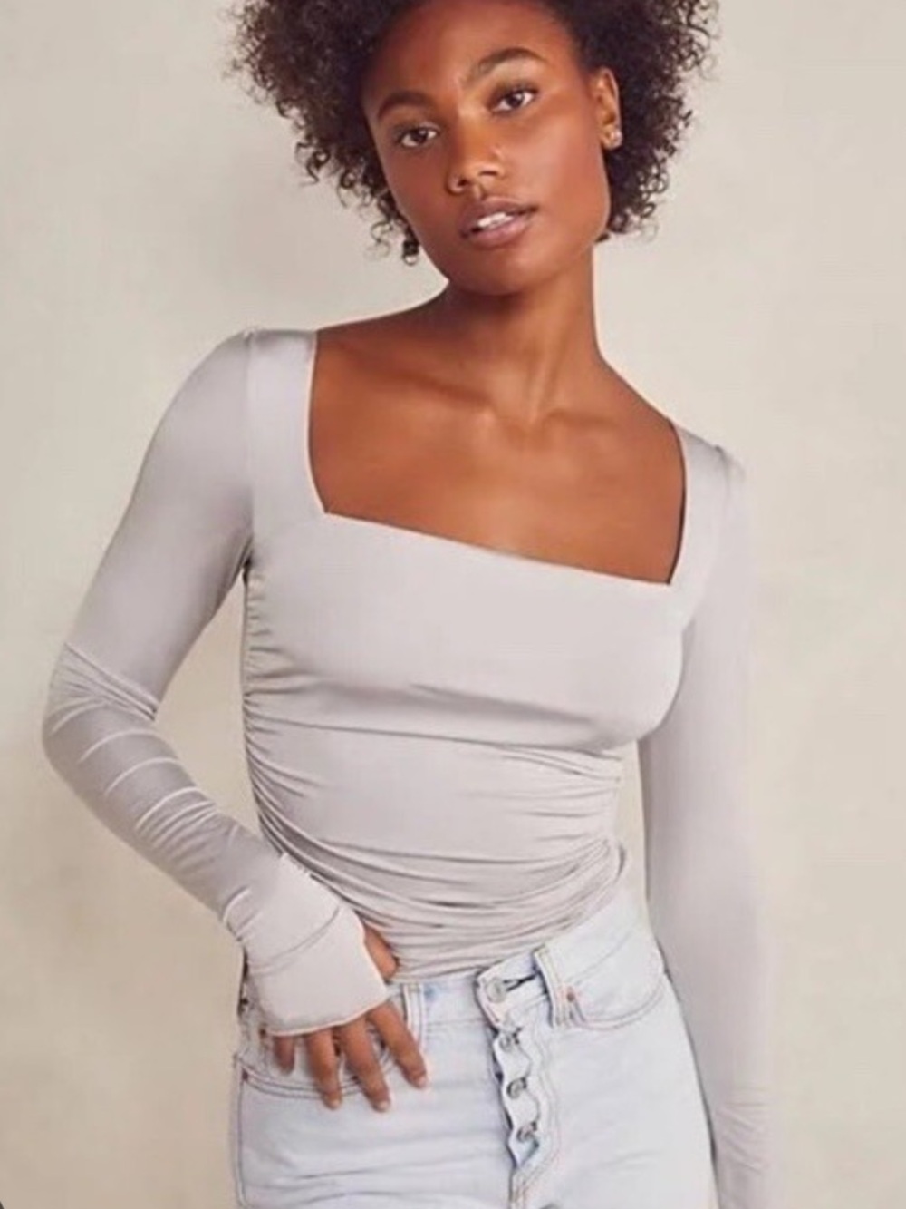 Free people silver square neck Ruched Long-Sleeve Top XS with thumb holes -